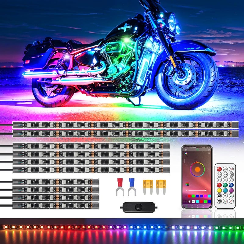 ZONECONA Chaser Dreamcolor Motorcycle LED Underglow Kit with/APP/RF Remote Brake Turn Signal,10PCS Chasing Motorcycles RGB+IC 12v Effect LED Strips Light Waterproof Multicolor for Harley Kawasaki - Image 1